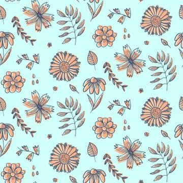 Summer floral pattern with doodle orange flowers Stock Illustration