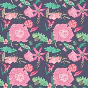 Summer Floral Pattern on Indigo Background Stock Illustration