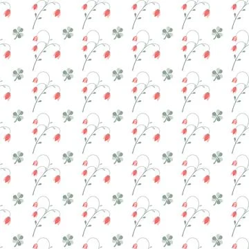 Summer floral seamless pattern with red and green flowers, twigs, leaves, iso Stock Illustration