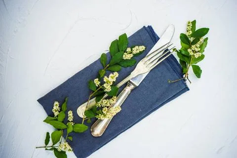  Summer floral table setting Summer floral rustic table setting on white c... Stock Photos