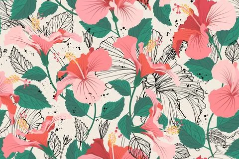 Summer flower seamless pattern. Tropical flowers bright color background. Hib Stock Illustration