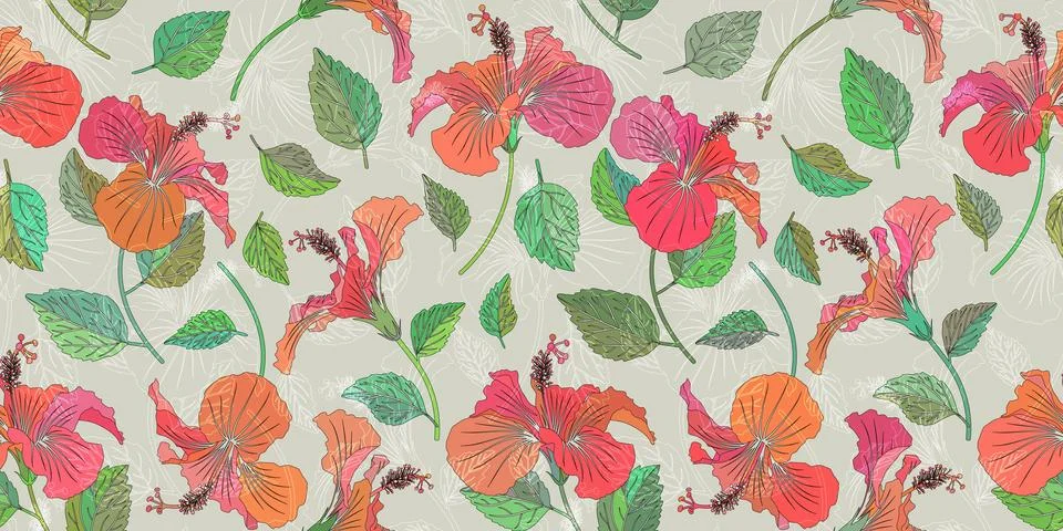 Summer flower seamless pattern. Tropical flowers bright color background. H.. Stock Illustration