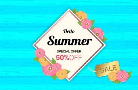 Summer Flowers frame or Summer floral Design on wooden background Stock Illustration