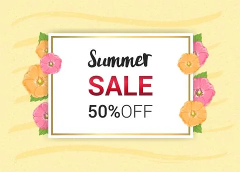 Summer Flowers frame or Summer floral Design on yellow background Stock Illustration