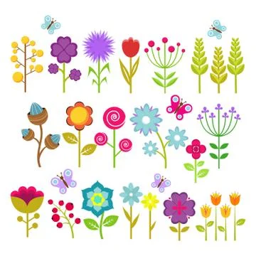 Summer flowers isolated vector collection. Cute floral elements for retro 70s 스톡 일러스트