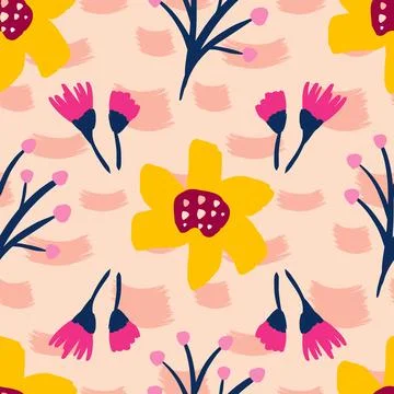 Summer flowers seamless pattern design on beige background Stock Illustration
