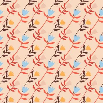 Summer flowers seamless pattern. Doodle elements in blue, red and orange tone Stock Illustration