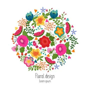 Summer flowers in the shape of circle Stock Illustration