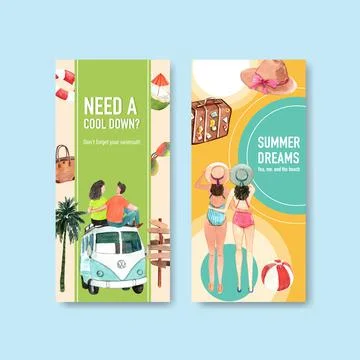 Summer flyer template design for vacation travel on beach watercolor illustra Stock Illustration