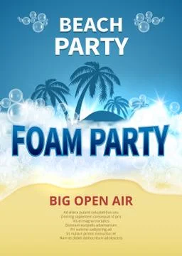 Summer foam party vector poster. Tropical resort beach invitation with soap Stock Illustration