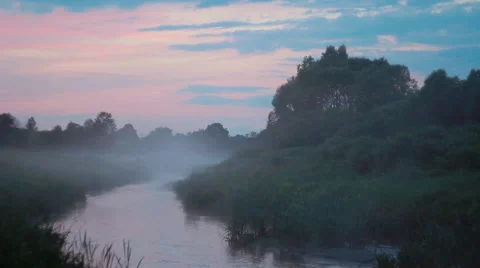 Summer Fog on the River at Dawn Stock Footage 59779450