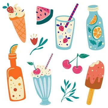Summer food and drinks. Watermelon, cherry, ice cream, lemonade, soda, milksh Stock Illustration