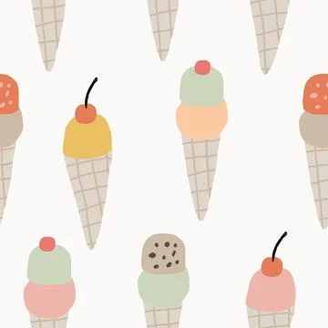 Summer food seamless pattern with coclorful ice creams. Hand darwn cute kids Stock Illustration