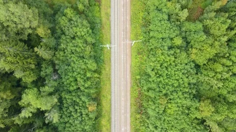 Summer forest and road view from above . Railway. 4K video from the air . Green Video stock 220300894