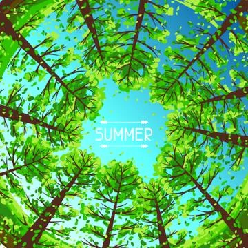 Summer forest background with stylized trees. Illustrazione stock