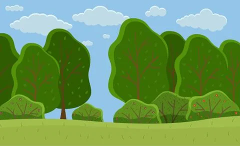 Summer forest, big trees with foliage round shape, scenery with green meadow Stock Illustration