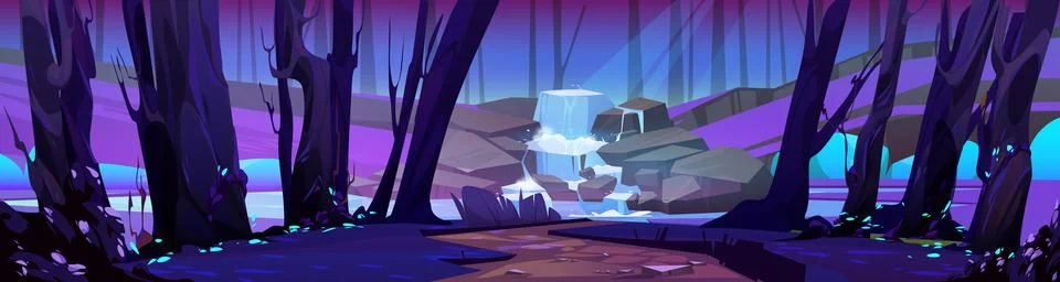 Summer forest with cascade waterfall at night Stock Illustration