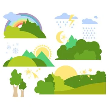 Summer Forest Flat Background Vector Set Ilustración de archivo