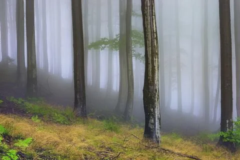 Summer forest with fog in the background Stock Photos