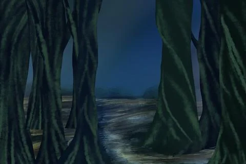 Summer forest landscape. Dark deep forest landscape with lush trees. Stock-Illustration