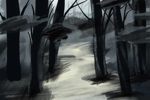 Summer forest landscape. Dark deep forest landscape with lush trees. Stock-Illustration