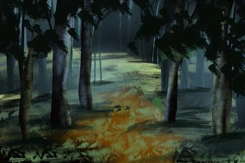 Summer forest landscape. Dark deep forest landscape with lush trees. Stock-Illustration