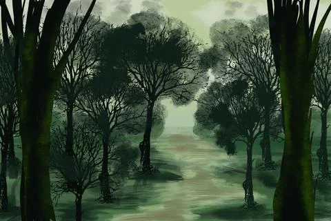Summer forest landscape. Dark deep forest landscape with lush trees. Stock-Illustration