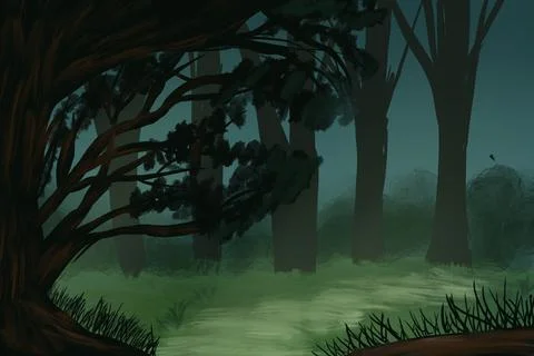 Summer forest landscape. Dark deep forest landscape with lush trees. Stock Illustration