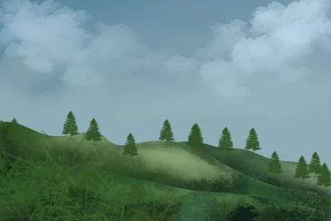 Summer forest landscape. Dark deep forest landscape with lush trees. Stock-Illustration