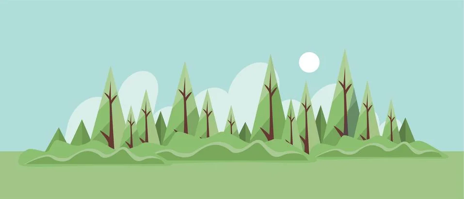 Summer forest landscape vector flat illustration. Green forest with glade and Stock Illustration