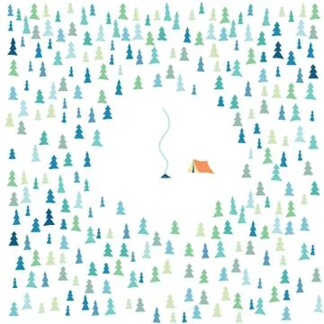 Summer forest nature camping vector background with trees and tent with campfire Stock Illustration