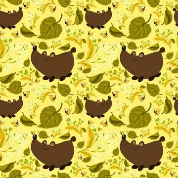 Summer Forest pattern with cute bears, bees, linden leaves and flowers. Ilustración de archivo