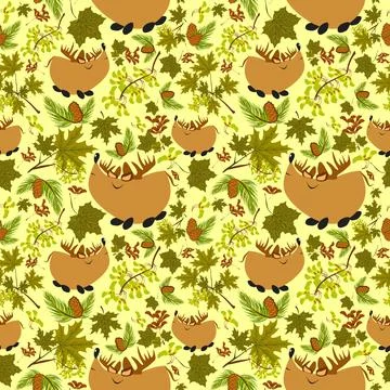 Summer forest pattern with cute dears, pine branches and cones, maple leaves Stock Illustration