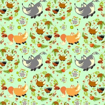 Summer forest pattern with cute foxes, wolves, hares, squirrels and hedgehogs Stock Illustration