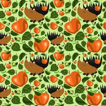 Summer Forest pattern with cute hedgehogs, caterpillars, beetles, apples Stock Illustration