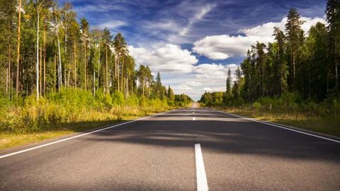 Summer forest road and clouded sky Stock Photos