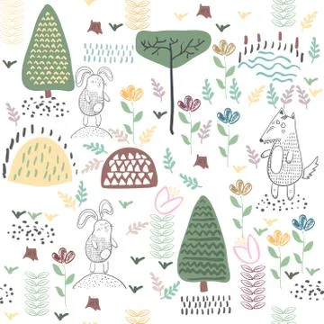 Summer forest seamless pattern with cute animals Stock Illustration