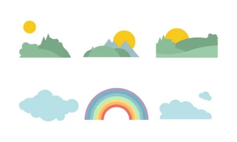 Summer forest, sun, cloud and rainbow, natural landscape elements vector イラスト素材