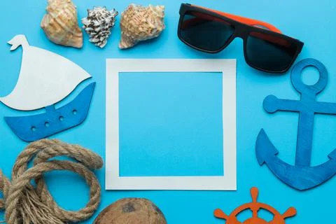 Summer frame. paper frame for your text, coconut and nautical rope and summer Stock Photos