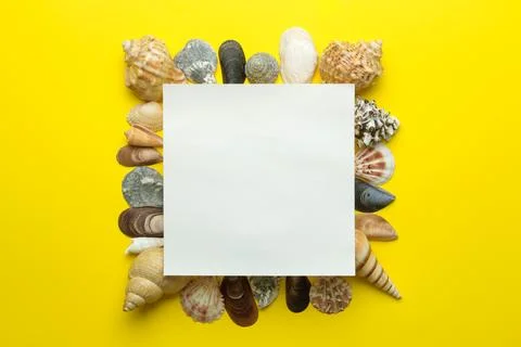 Summer frame. Paper frame for your text and seashells on a bright yellow back Stock Photos