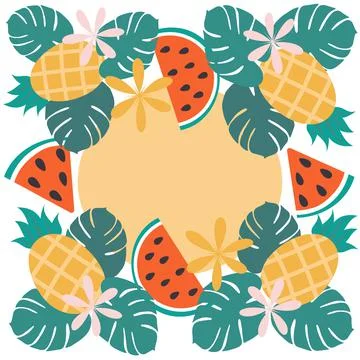 Summer frame pattern with hand drawn summer elements in trendy muted colors with Stock Illustration