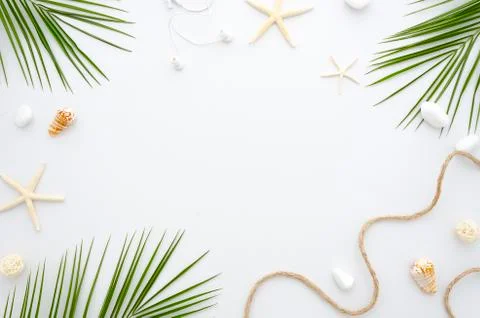 Summer Frame with a starfish, ropes, shells and palm leaves Stock Photos