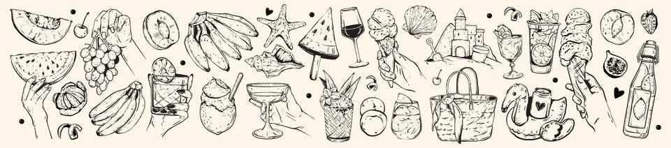Summer fresh fruit beverages doodle set, vector hand drawn tropical drinks Stock Illustration