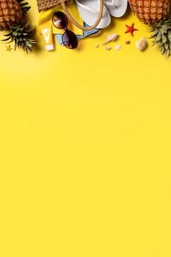 Summer fruit background design concept. Beach with shells, pineapple and palm Stock Photos