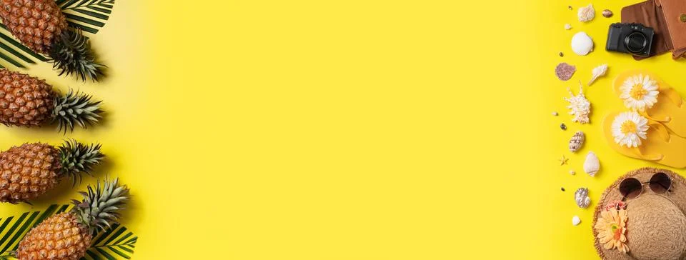 Summer fruit background design concept. Beach with shells, pineapple and palm Foto stock