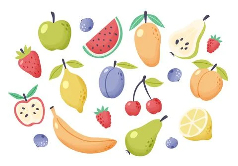 Summer fruit collection. Set of fresh tropical and garden fruits doodle, organic Stock Illustration