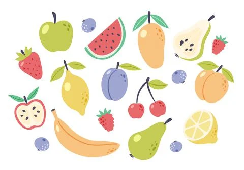 Summer fruit collection. Set of fresh tropical and garden fruits doodle, organic Stock Illustration