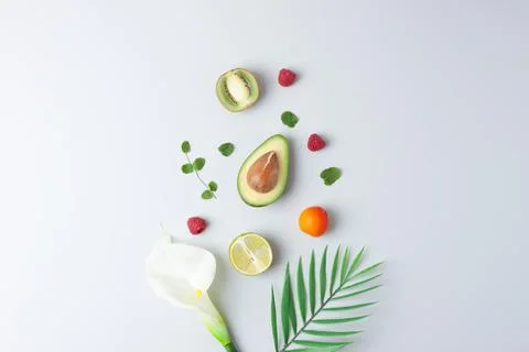 Summer fruit composition. Creative tropical background made from fresh fruits Stock Photos
