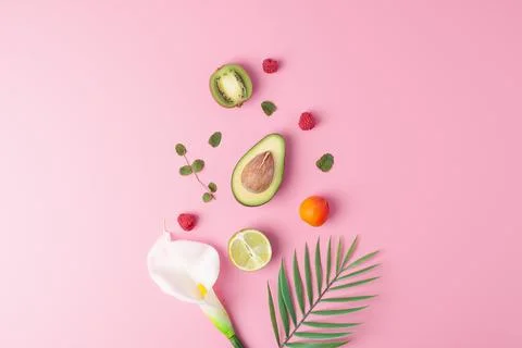 Summer fruit composition. Creative tropical background made from fresh fruits Stock Photos