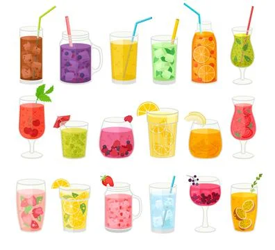 Summer Fruit Drinks and Lemonade as Refreshing Beverage in Glass with Straw Big Stock Illustration
